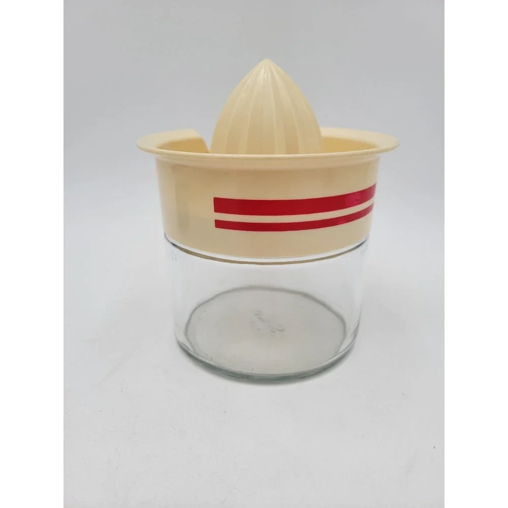 Gemco USA Manual Citrus Lemon Orange Juicer Glass Jar Plastic Lid Stripes